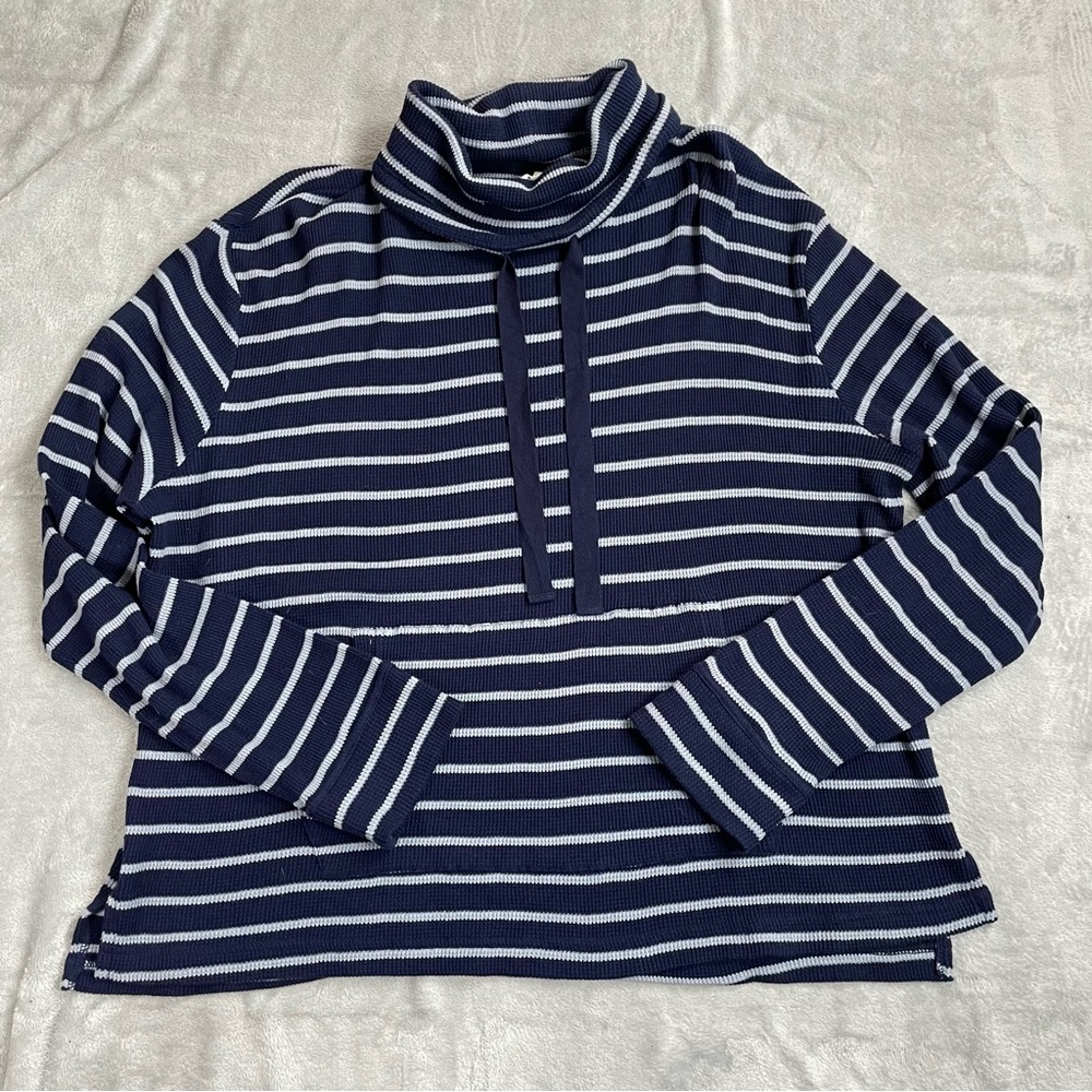 Pact Sweater Pullover Shirt XL‎ Womens Waffle Thermal Cowl Stripe Navy Blue Boxy